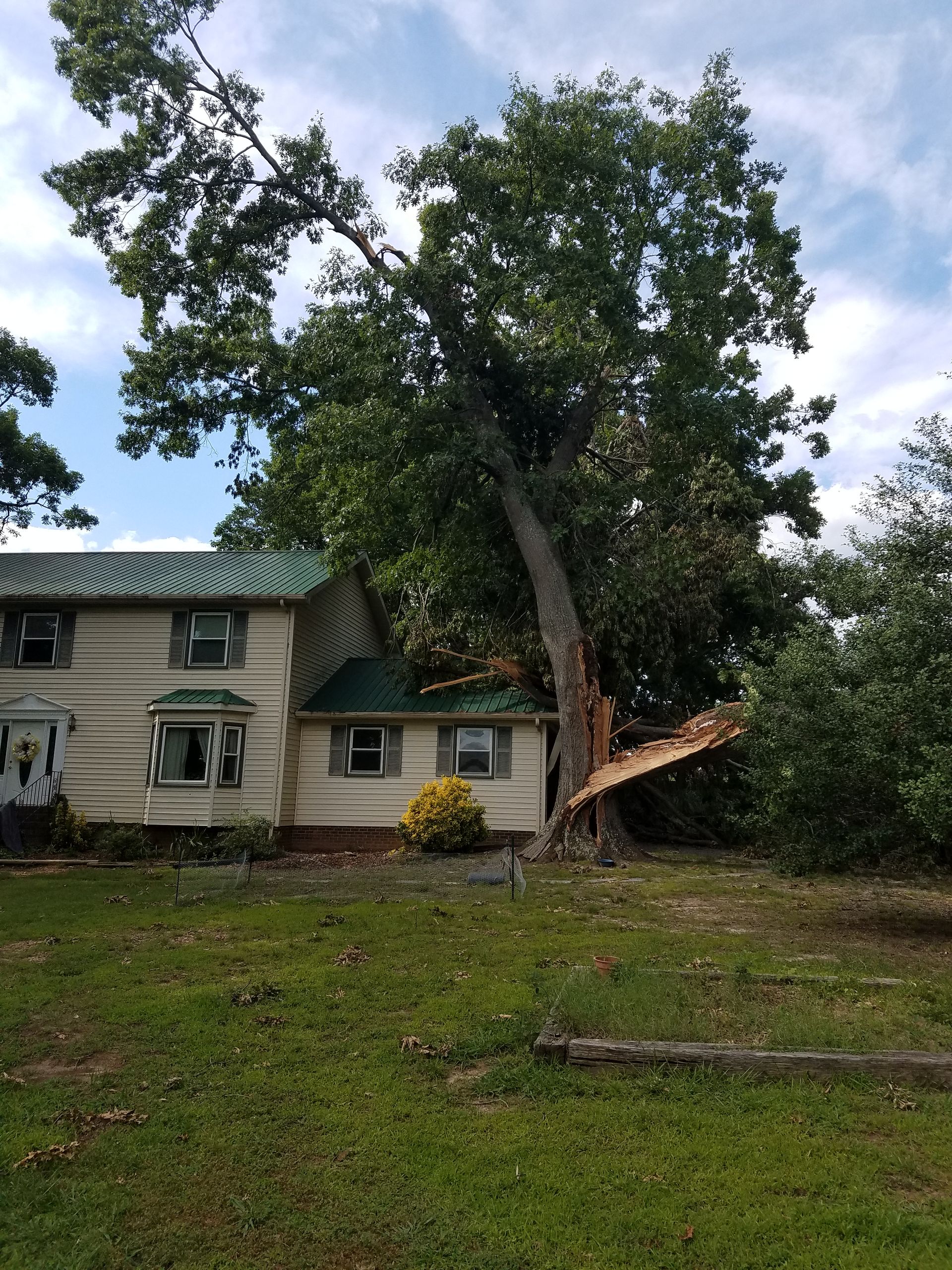 A house with a tree fallen on it in front of it.
