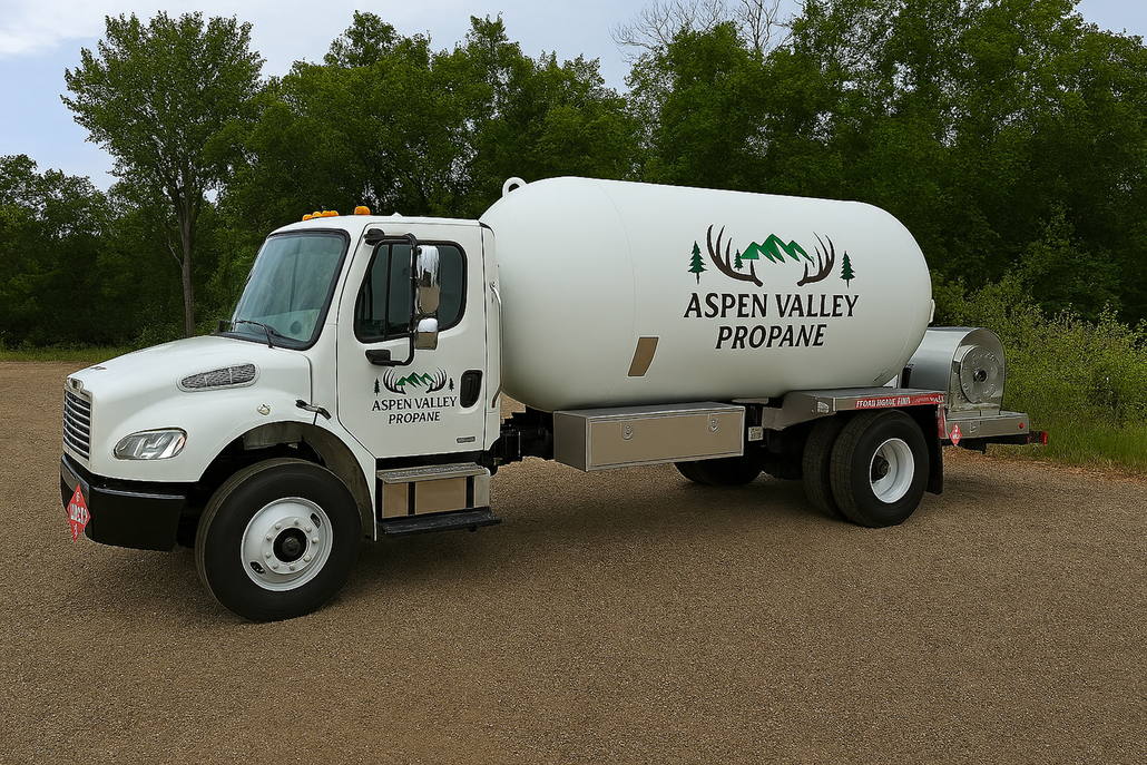 White Aspen Valley propane delivery truck parked on gravel.
