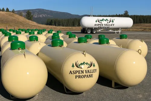 Rows of tan propane tanks with green caps, Aspen Valley Propane logo, with a larger tank on a trailer in a field.