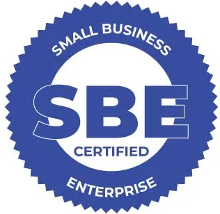 Blue SBE Certified Enterprise seal with white text.