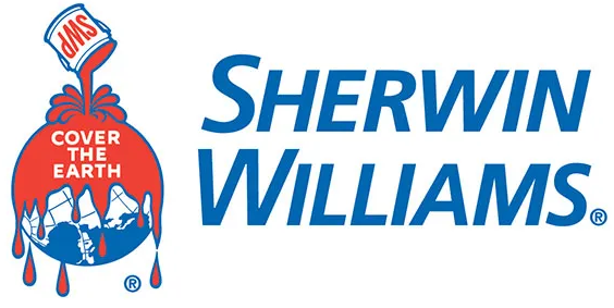 Sherwin-Williams logo: paint can pouring red paint over a blue globe, with text 