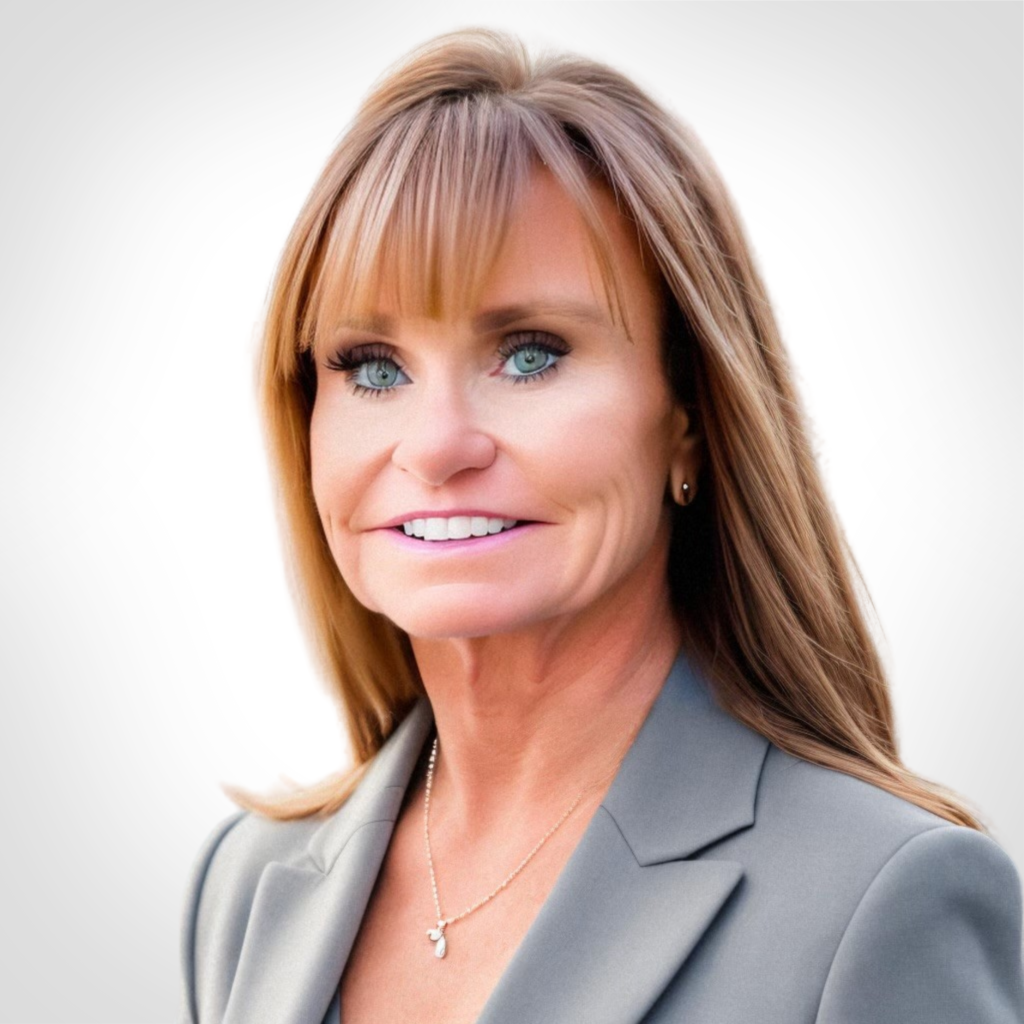Studio headshot of a woman in a gray blazer with long light brown hair and a slight smile