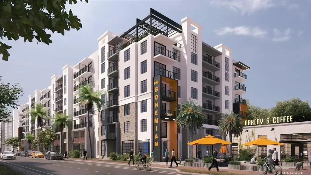 Modern apartment complex with palm trees and pedestrians on a sunny street corner