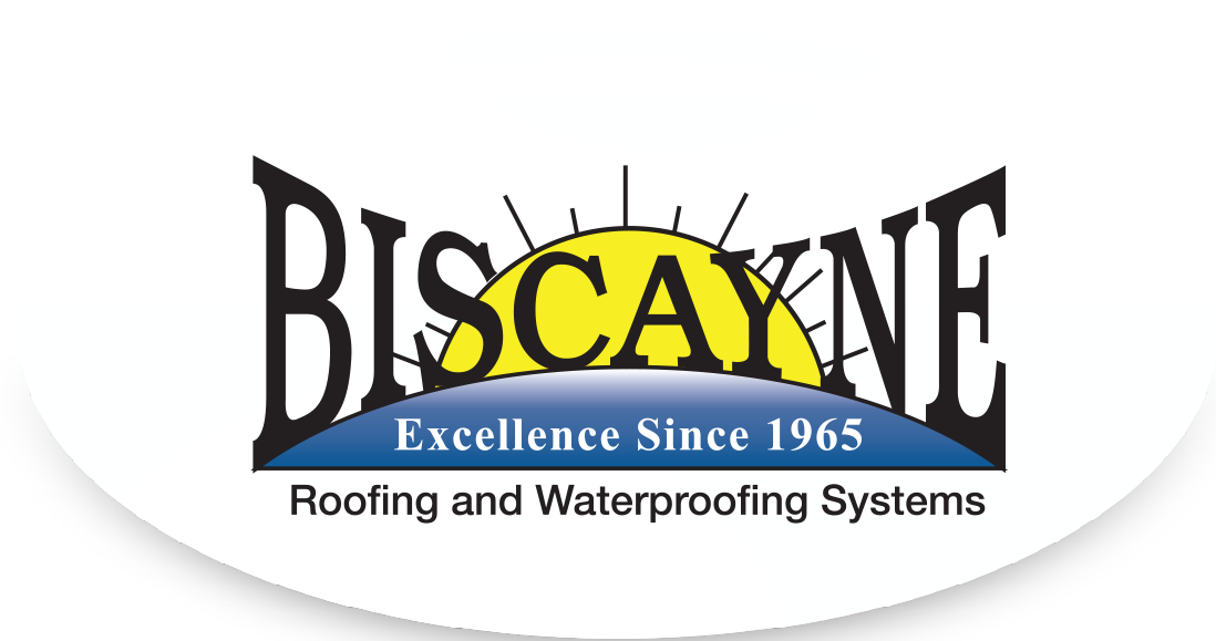 Biscayne Roofing and Waterproofing Systems logo with yellow sun and blue banner, “Excellence Since 1965”