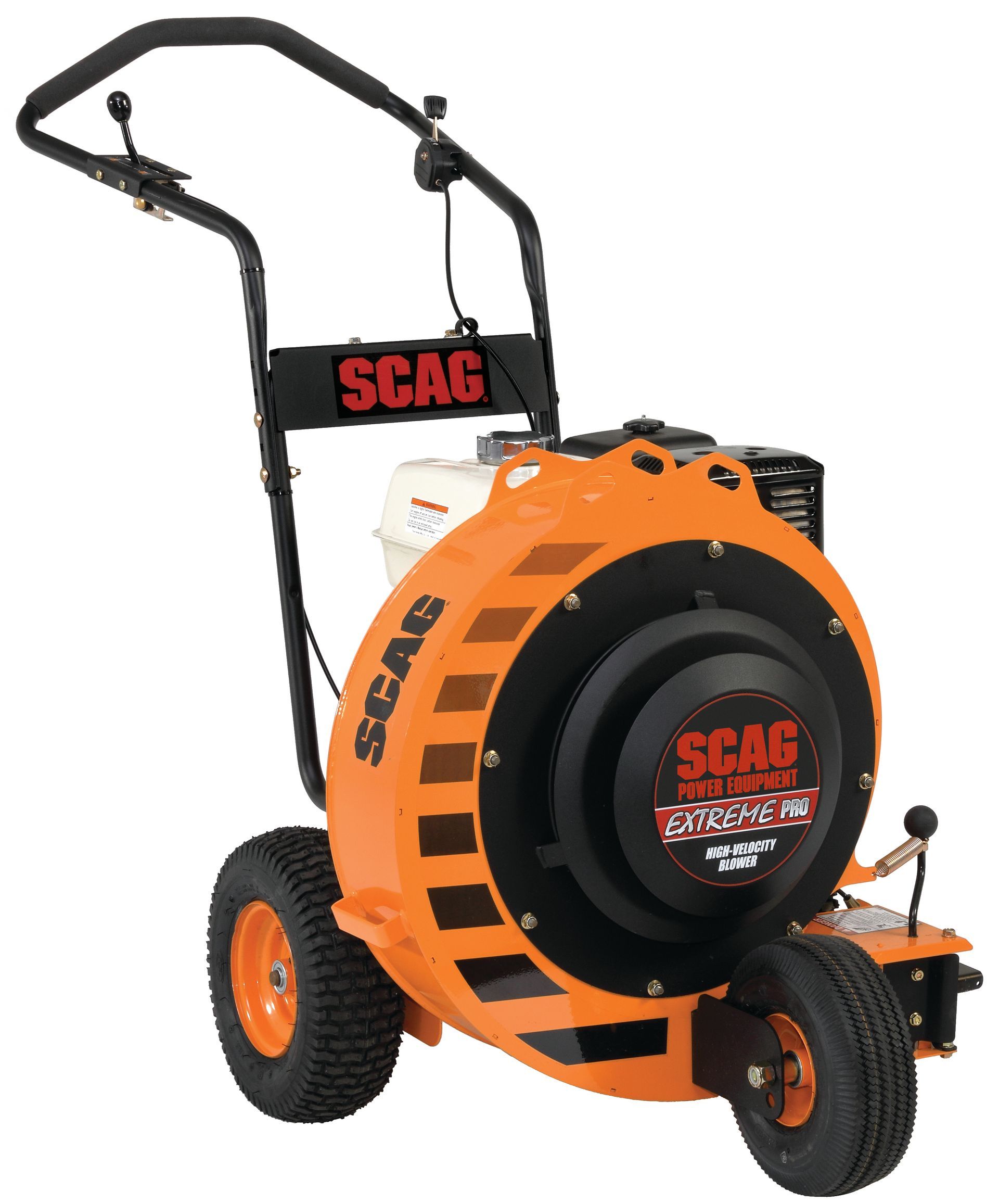 An orange and black scag blower on a white background