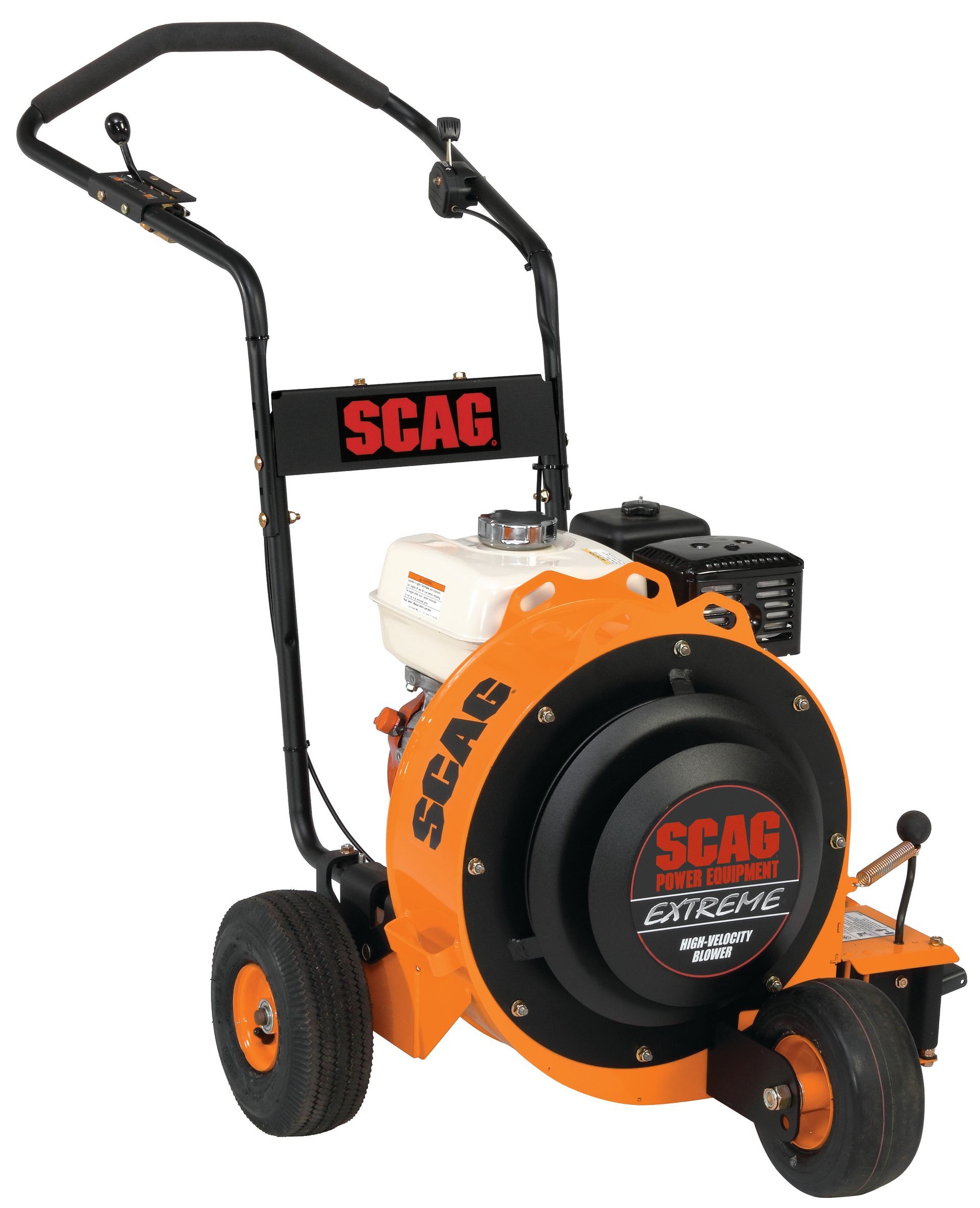 An orange and black scag lawn blower on a white background