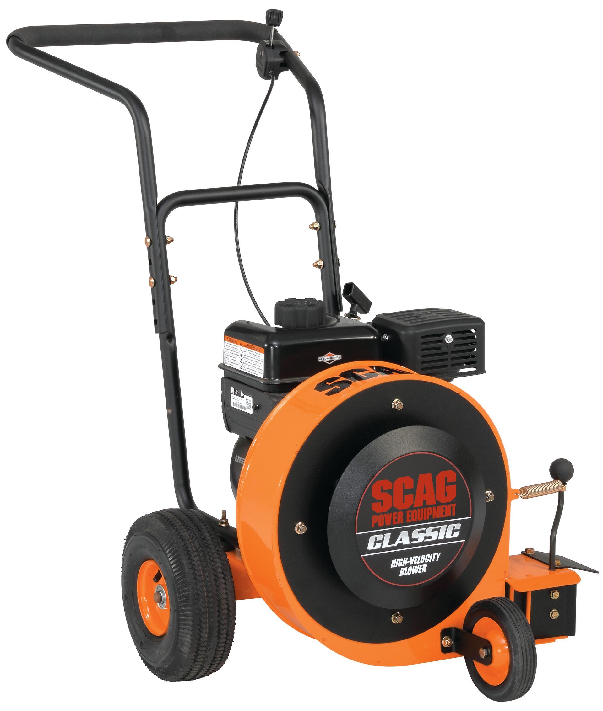 An orange and black blower with wheels and a handle on a white background.