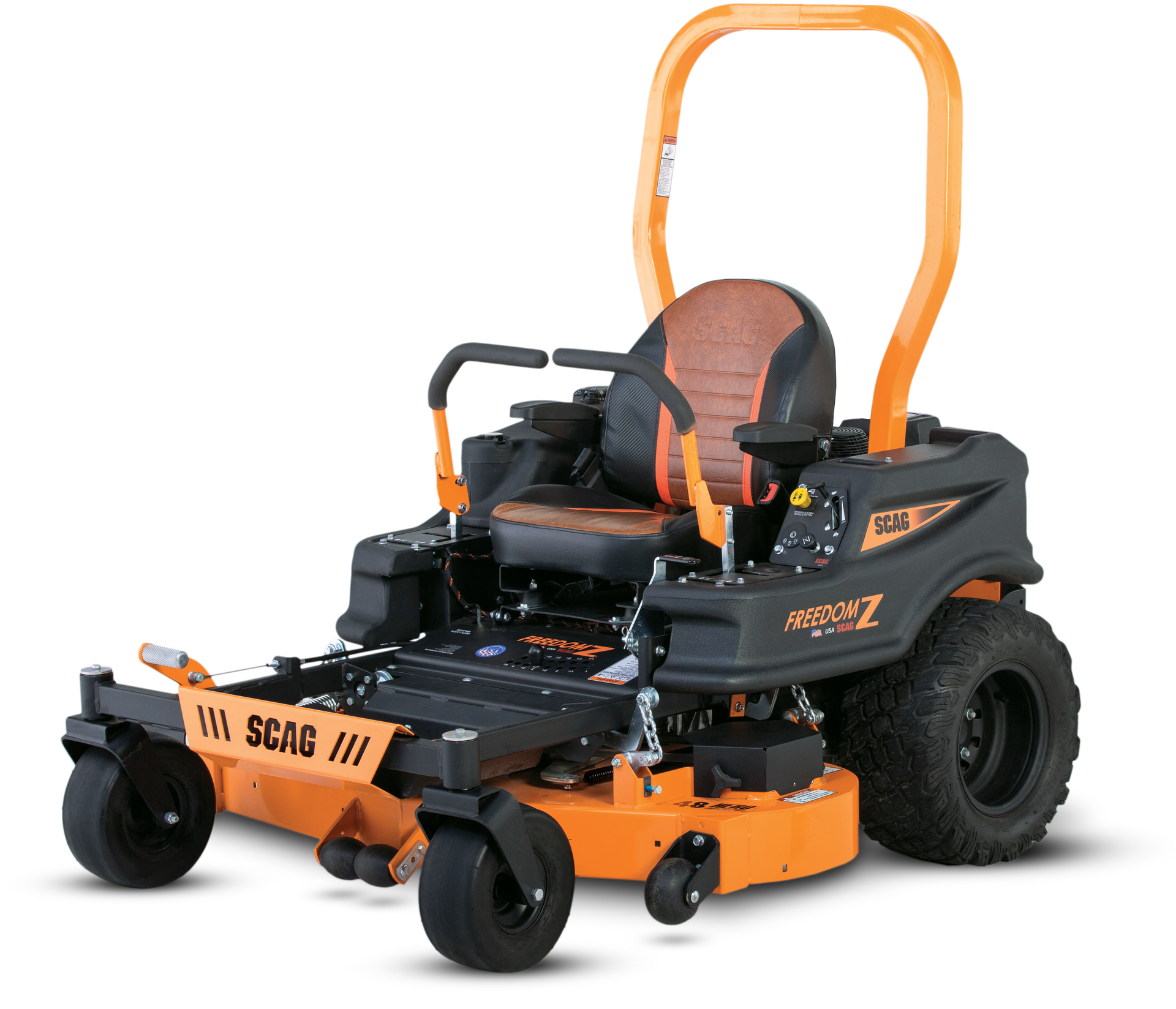A black and orange lawn mower with a brown seat on a white background