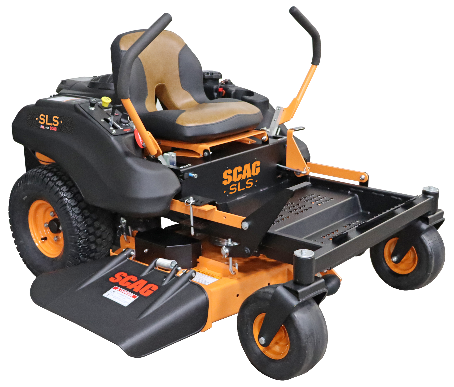 A black and orange lawn mower with the word scag on it