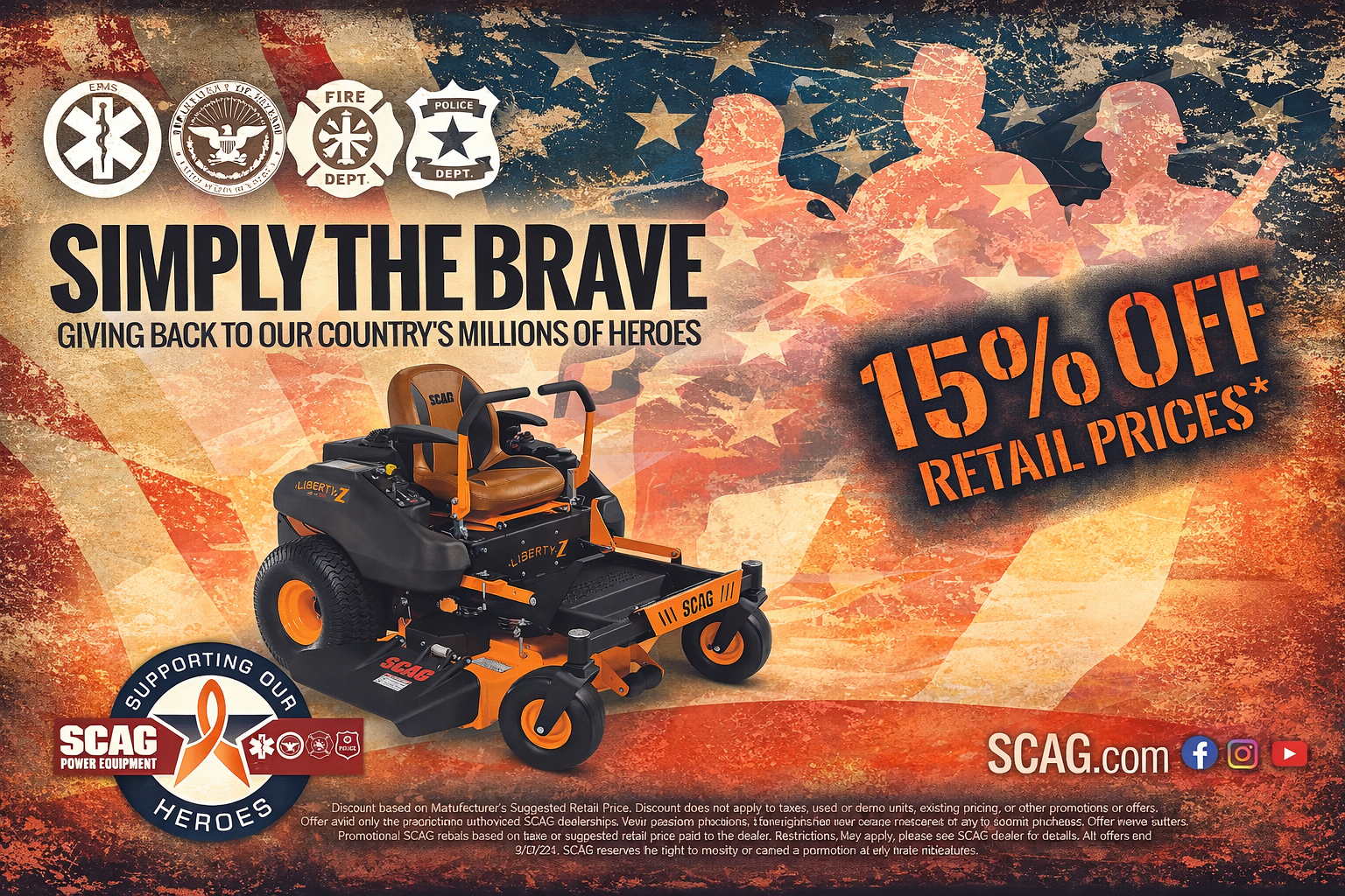 A Scag mower advertisement offering 15% off for heroes, featuring symbols of first responders against a US flag background.