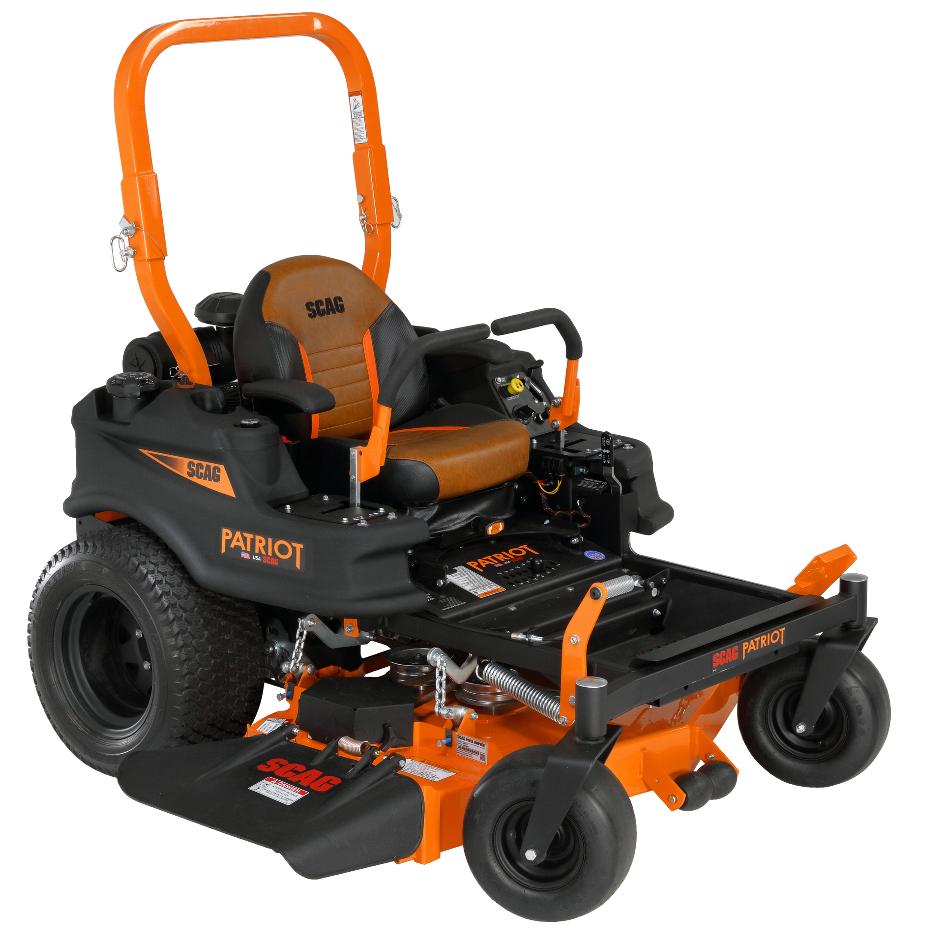 An orange and black zero-turn lawn mower with a roll bar, two-tone seat, and deck display against a plain white background.