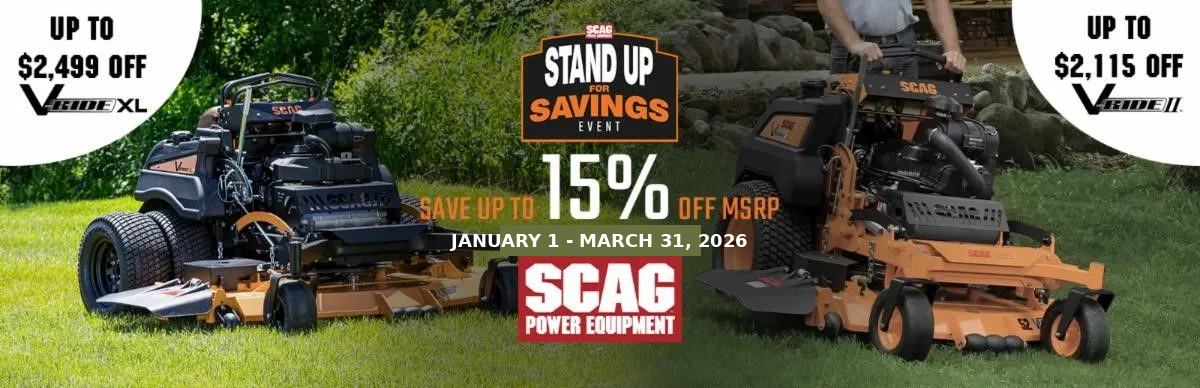 Promotional banner for Scag mowers offering 15% off, with savings up to $2,499 on V-Ride XL and $2,115 on V-Ride II models.
