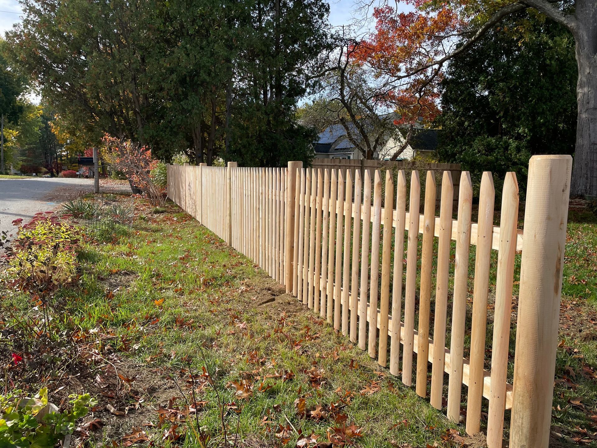 A wooden picket fence is surrounded by grass and trees.