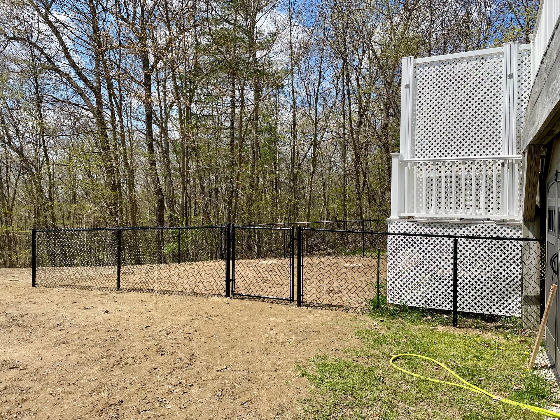A chain link fence surrounds a yard with trees in the background.
