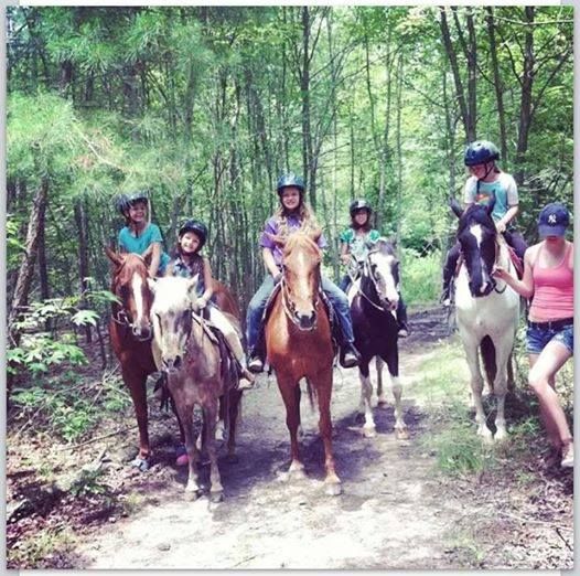 A group of six people ride horses through a wooded trail, wearing safety helmets and casual summer clothing.