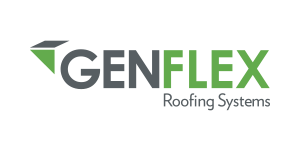The logo for genflex roofing systems is green and black.