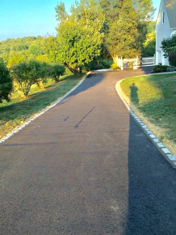 Asphalt driveway curves past green lawn, trees, and house in sunlight.
