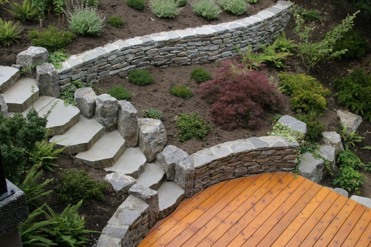 Stone steps and retaining walls with landscaping in a tiered garden.