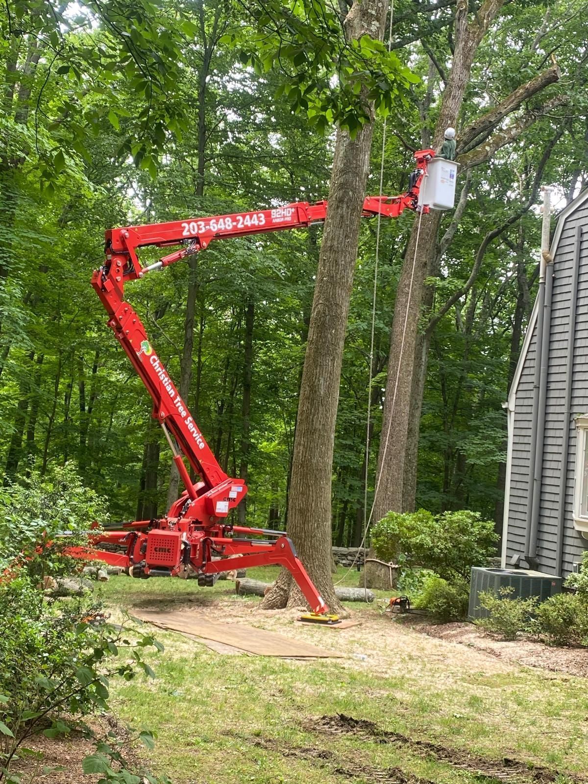 Red tree trimming lift cutting tree branch near house.