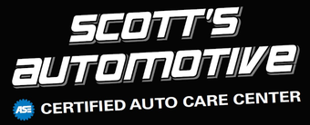 Scott's Automotive logo with white text on a black background. Includes 