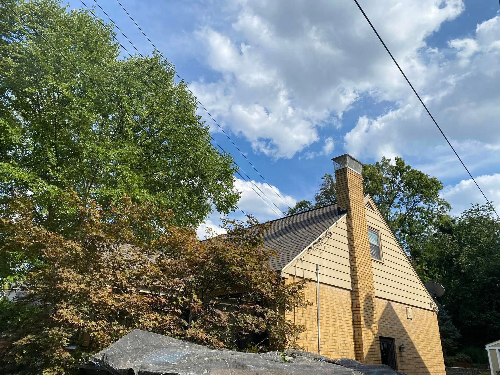 A brick house with a chimney is surrounded by trees and power lines.