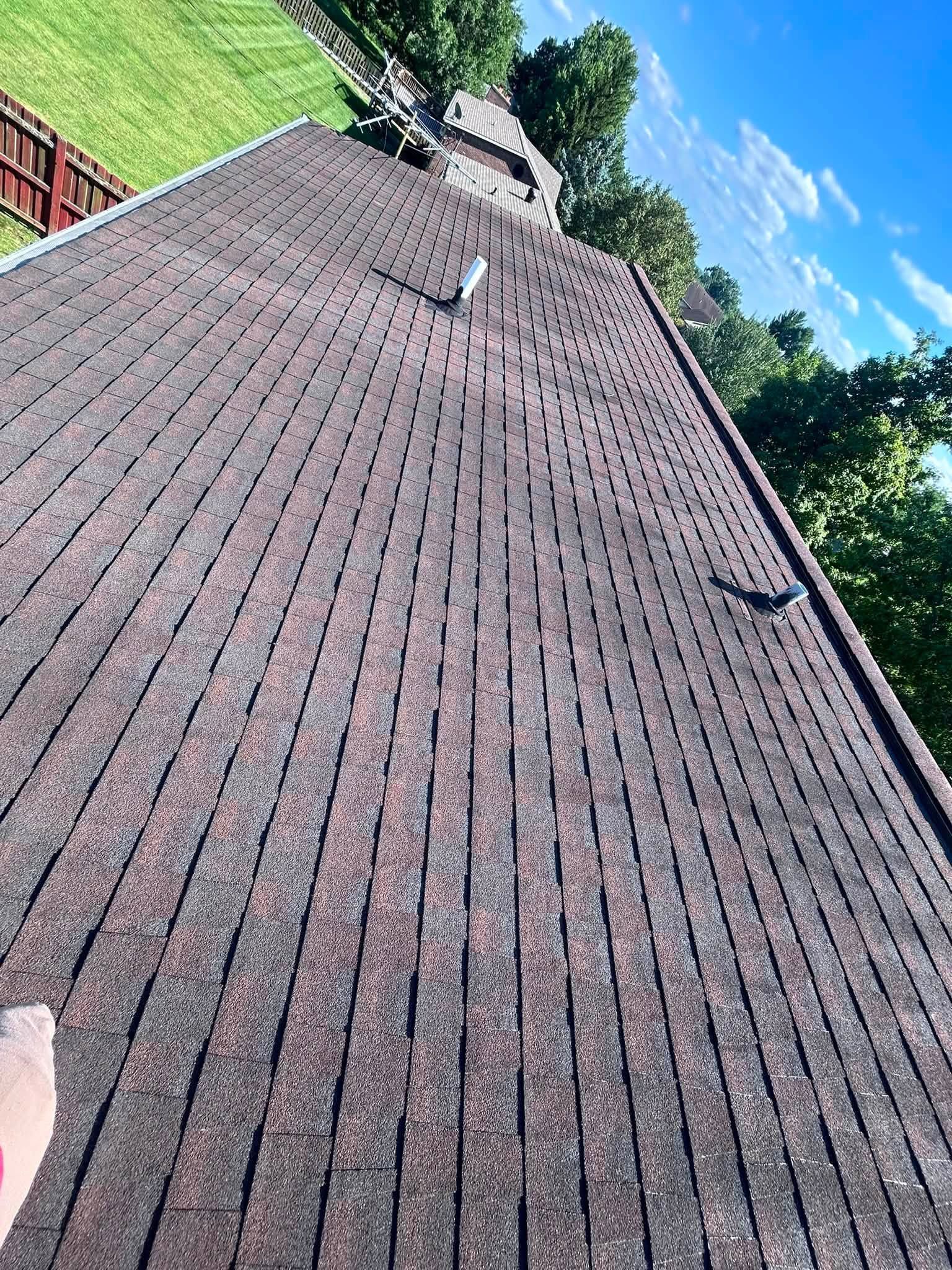 Steep brown shingled roof viewed upward beside green trees and a blue sky