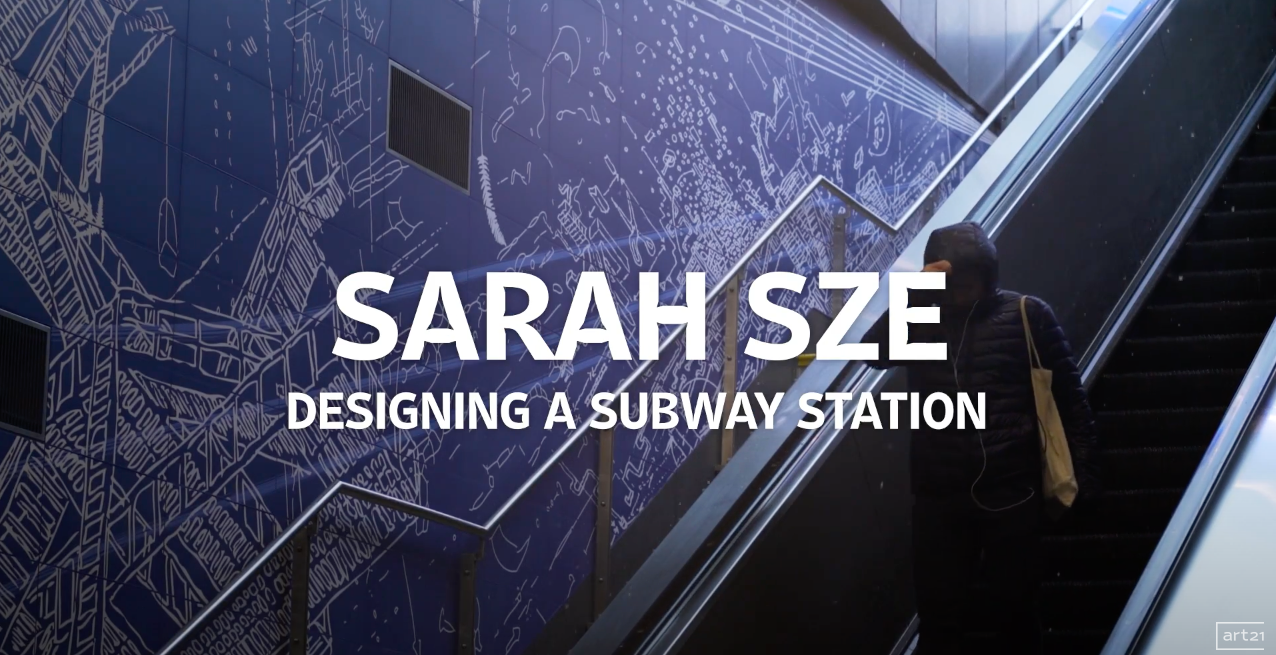 Title slide reading “SARAH SZE” and “DESIGNING A SUBWAY STATION” over a blue subway-station mural.
