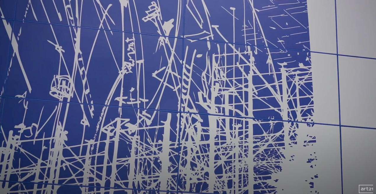 Abstract blue and white sketch of tall cranes or scaffolding against a gridded background