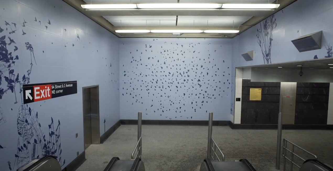 Abandoned subway station with bullet-riddled walls, fluorescent lights, and an exit sign.