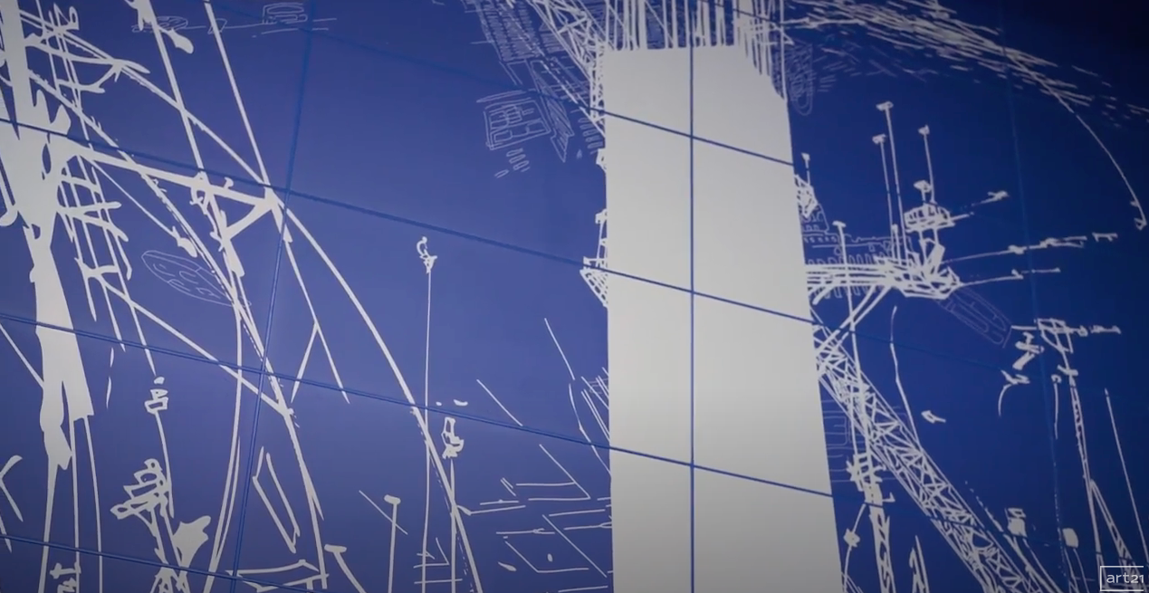 Blue-toned abstract scene with white branching lines and a tall white vertical shape in the center