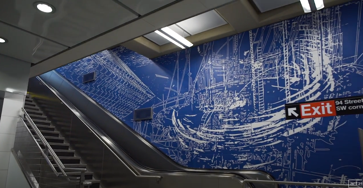 Blue subway station wall with abstract map-like lines, stairs, and an exit sign