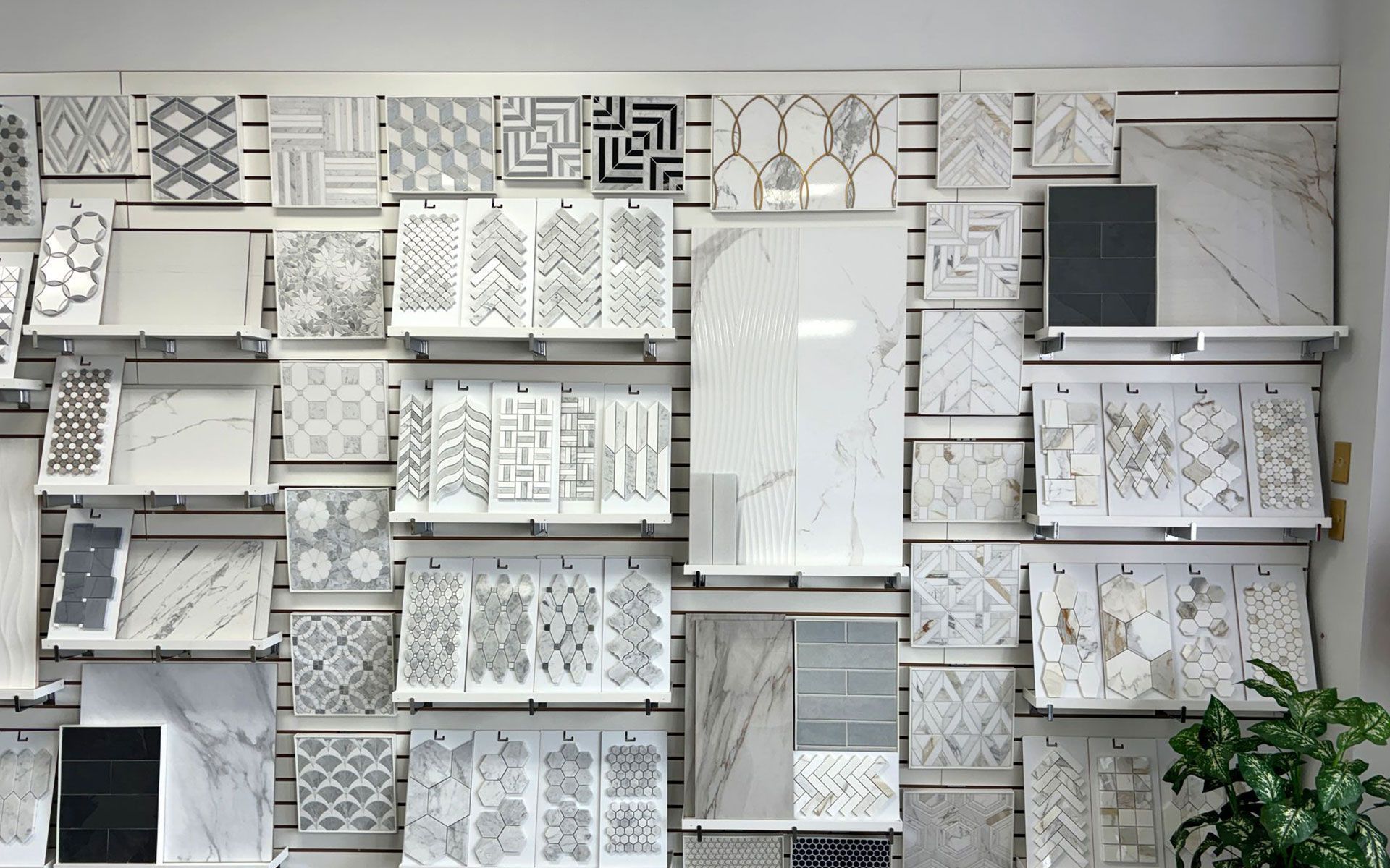 Wall display of tile samples in gray, white, and patterned designs, with shelves and a potted plant.