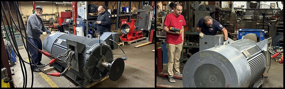 Split view of a large silver industrial fan/motor being examined in a workshop by two people