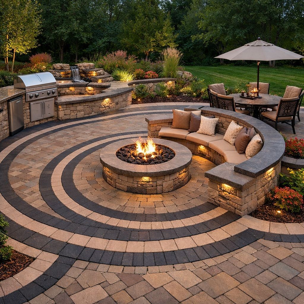 stone patio with fire pit, built-in grill, curved seating, and dining area, lit with ambient lights