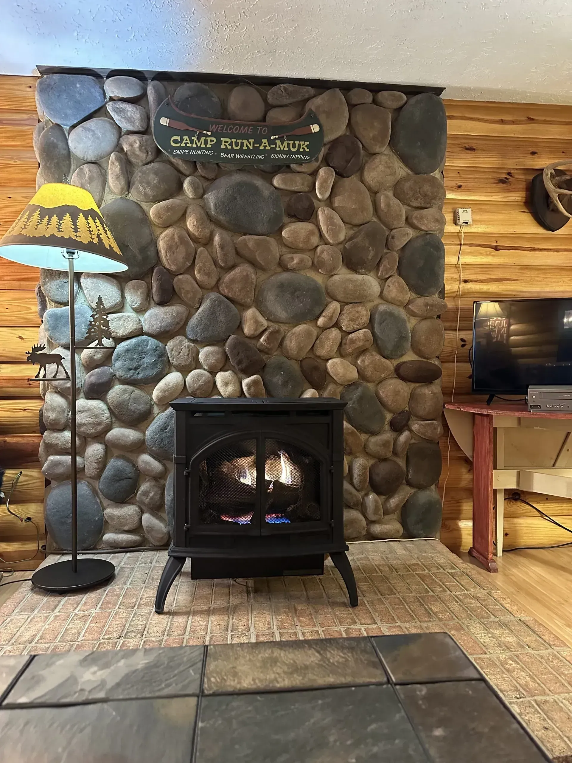Fireplace with stone backdrop, surrounded by wood paneling, floor lamp, and a small TV on a table.