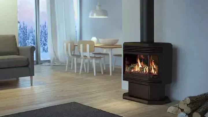 Freestanding gas fireplace with flames in a modern living room setting.