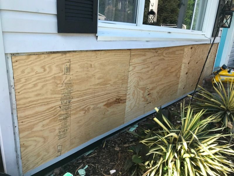 Plywood sheets covering the lower exterior wall beneath a window, beside landscaping plants.