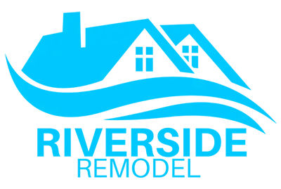 Blue Riverside Remodel logo with stylized house and waves