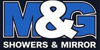 M&G Showers & Mirror logo in blue and white text on a black background