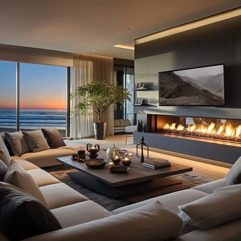 Cozy modern living room with ocean view, large sofa, fireplace, and sunset hues.