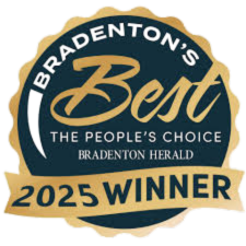 Bradenton's Best 2025 Winner seal. Gold and navy blue with text: