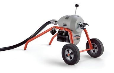 Drain cleaning machine with orange frame and black hose, ready to clear clogs.