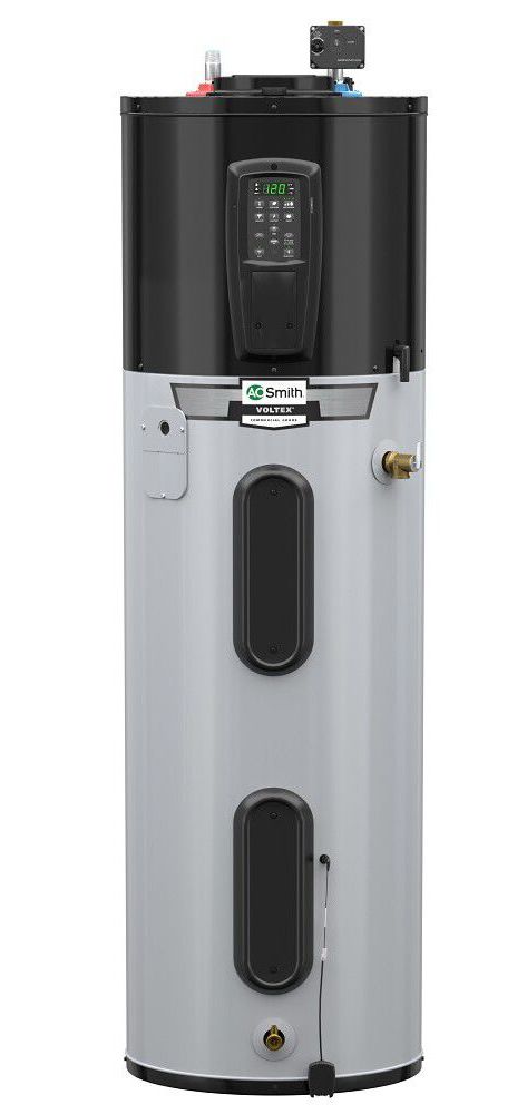 A tall, cylindrical electric water heater with digital controls and a black top.
