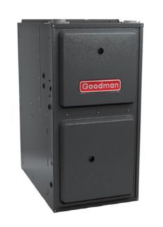 Goodman furnace, gray metal cabinet with two access panels.