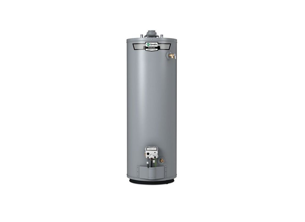Gray, cylindrical water heater with various pipes and gauges. White background.
