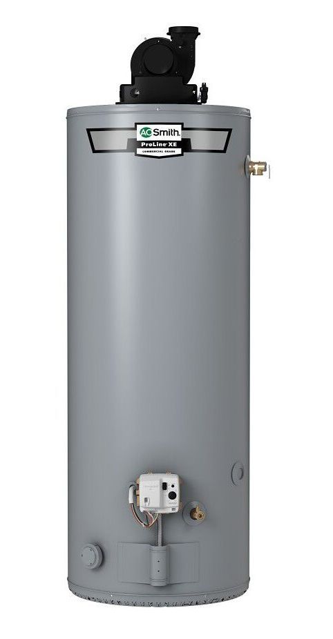 Gray tall water heater with a black top vent, control panel, and brass connections.
