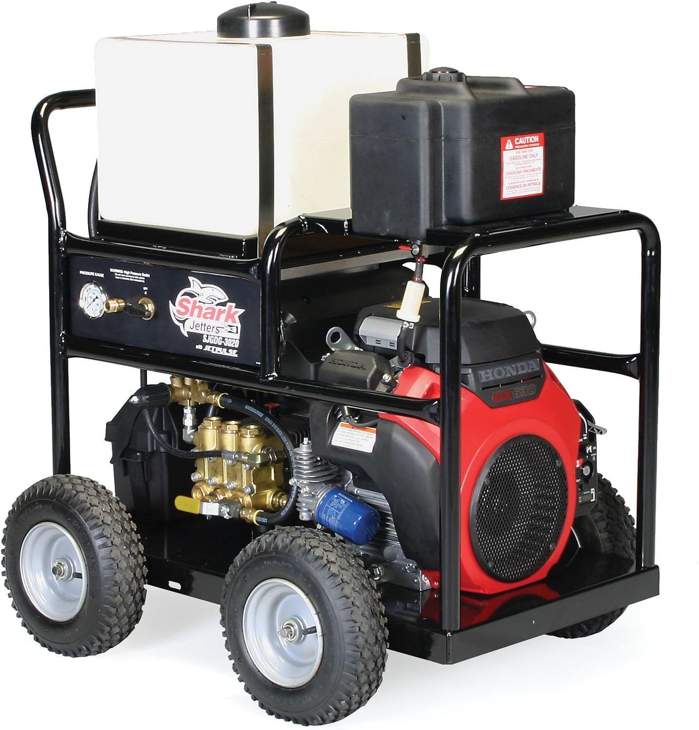 Black and red Shark pressure washer on wheels, with a water tank and gas can.
