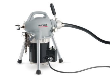 Grey and black drain cleaning machine with a black cable.