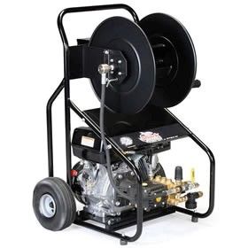 Black gas-powered pressure washer with hose reel mounted on a wheeled frame.