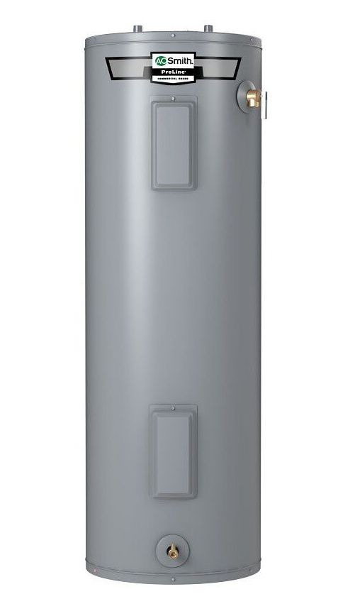 Gray A.O. Smith electric water heater with rectangular access panels, brass connections, and a label at the top.